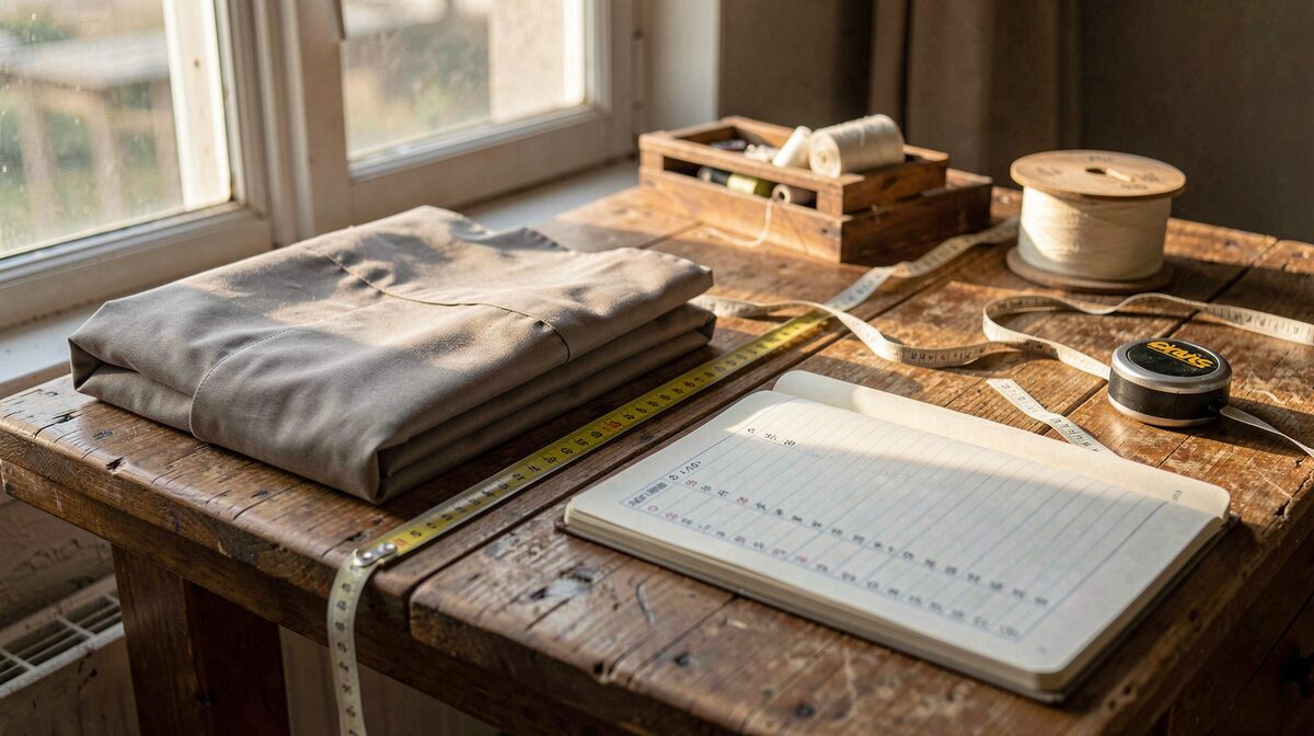 A wooden tailor's table under a window in late afternoon light, with a folded abaya, a tape measure, a notebook open to a column of numbers, and a spool of thread, shot from slightly above at a close angle.