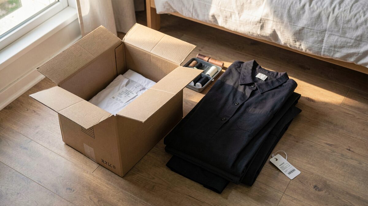 A half-filled shipping carton on a bedroom floor beside a folded stack of long dark garments, a sewing kit and a care label tag, lit by late afternoon window light, shot from above at a slight angle.